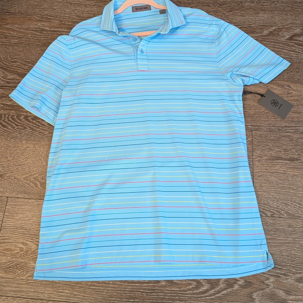 G/FORE Light Blue Polo with Multicolor Stripes